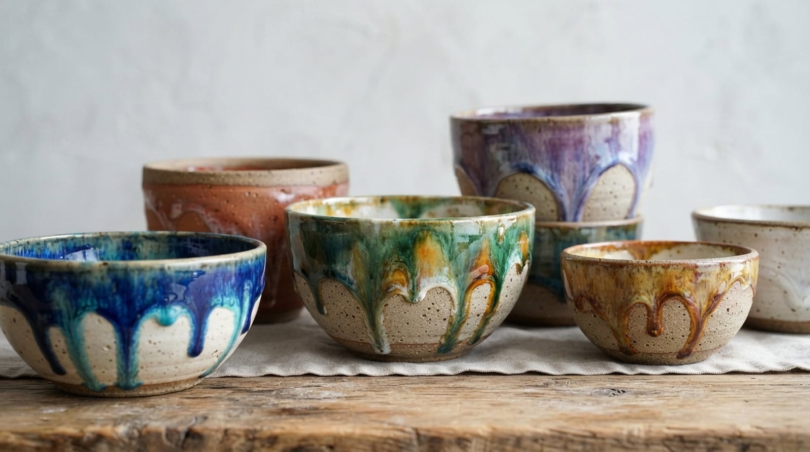 Conjunto de tigelas de cerâmica artesanal com esmalte texturizado